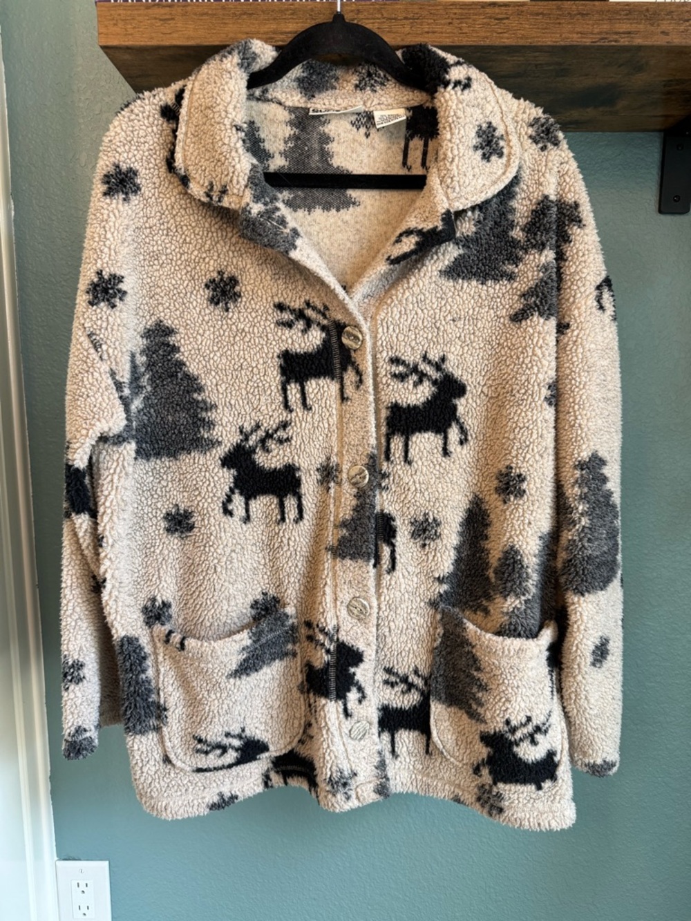 Vintage Sunbelt Moose Sherpa Fleece Cardigan Made in USA Granola Cabin Cozy OS
